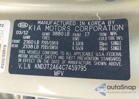 2012 Kia Soul + from USA, damaged, VIN KNDJT2A64C7459795